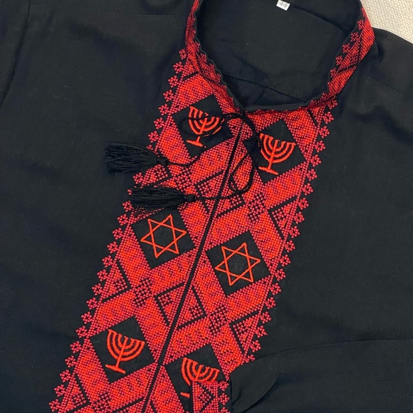 Black Men’s Embroidered Shirt with Jewish Symbols - Picture 1 of 4